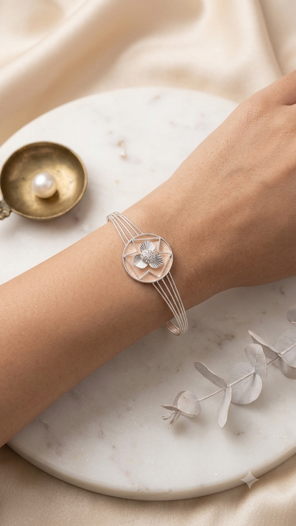 Chic Two-Tone Silver Circular Floral Kada Bracelet for Women & Girls | Delicate Multi-Wire Sleek Bangle