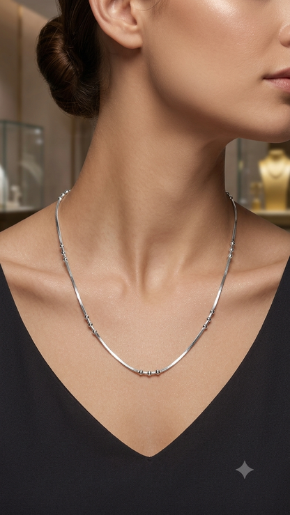 925 Silver Station Bead Herringbone Necklace – Sleek Flat Snake Chain Choker for Women