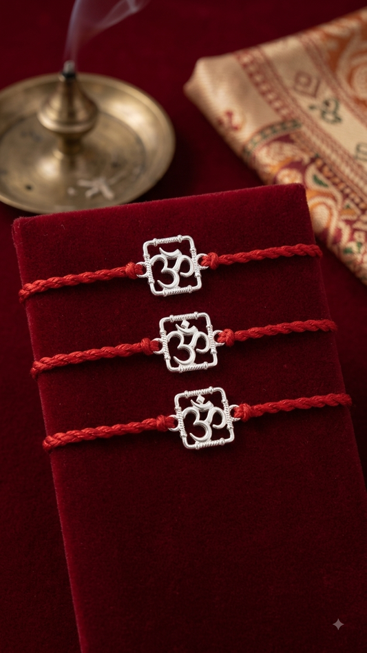Silver Geometric Framed Om Sacred Red Thread Rakhi ( set of 3/5 )