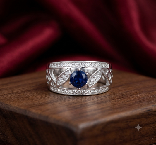 925 Sterling Silver Royal Blue Sapphire Solitaire Statement Ring with Leaf Filigree & Pavé CZ Borders