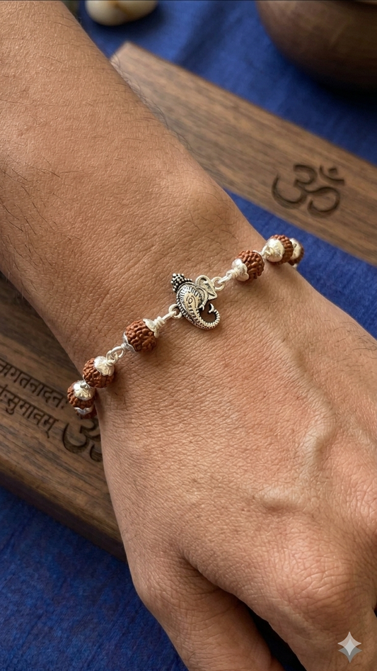 Silver ganeshji Rudraksha Bracelet / rakhi – Lord ganeshji Blessing bracelet for Men
