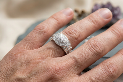 Men's Silver Oval Pavé CZ Signet Ring / Greek Key Pattern Statement Band