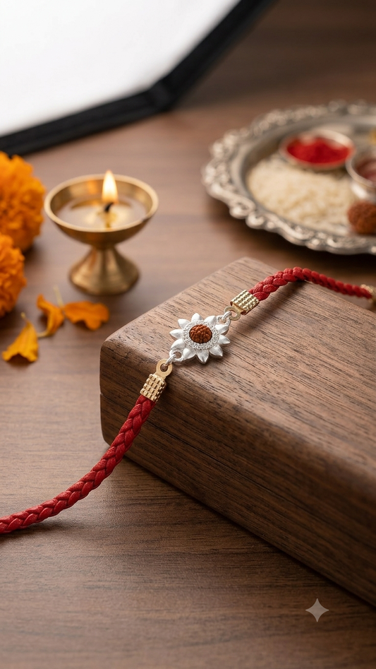 Silver & CZ "Sun with rudraksha" Red Braided Leatherette Rakhi
( set of 3 )