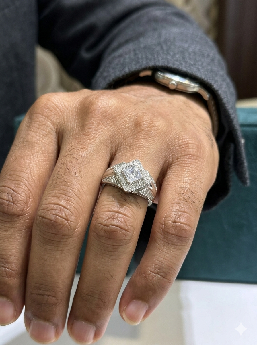 Men’s Rhombus Princess-Cut Double Halo Diamond Signet Ring in 925 Silver