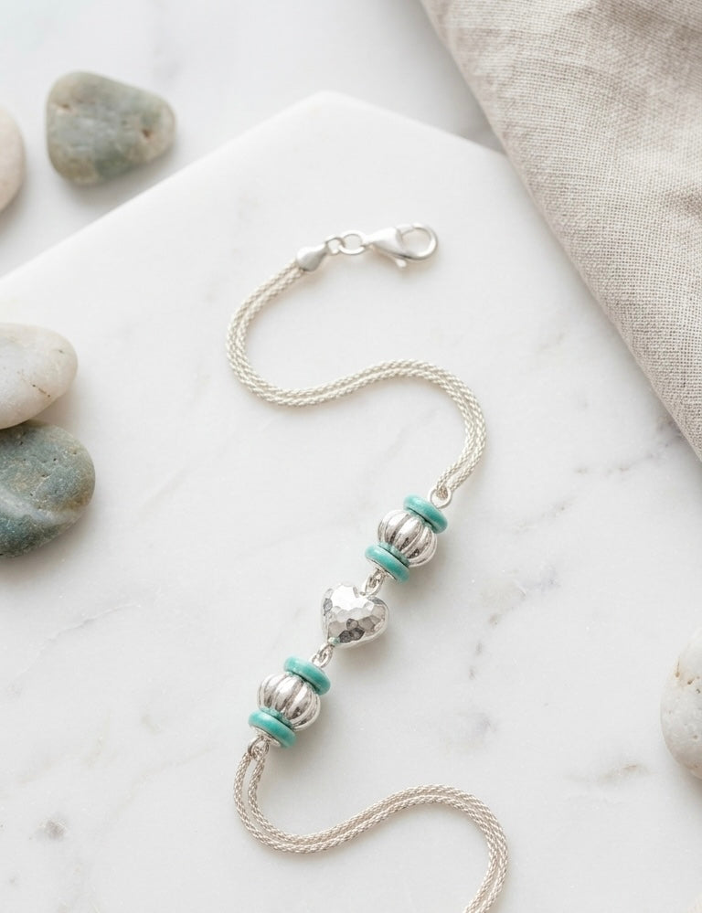 Turquoise & Hammered Silver Heart Multi-Strand Bracelet / rakhi for girls