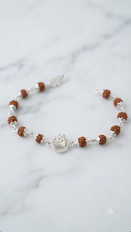 Silver Rudraksha Bracelet for Men with Om & Damru Charms | Spiritual Mahadev Wrist Band / Rakhi