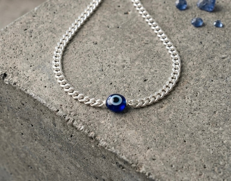 Silver Blue Evil Eye Nazariya Bracelet / rakhi - Sleek Curb Chain unisex