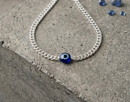 Silver Blue Evil Eye Nazariya Bracelet / rakhi - Sleek Curb Chain unisex
