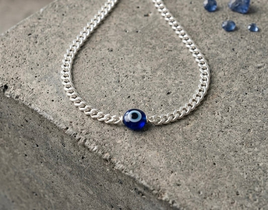 Silver Blue Evil Eye Nazariya Bracelet / rakhi - Sleek Curb Chain unisex