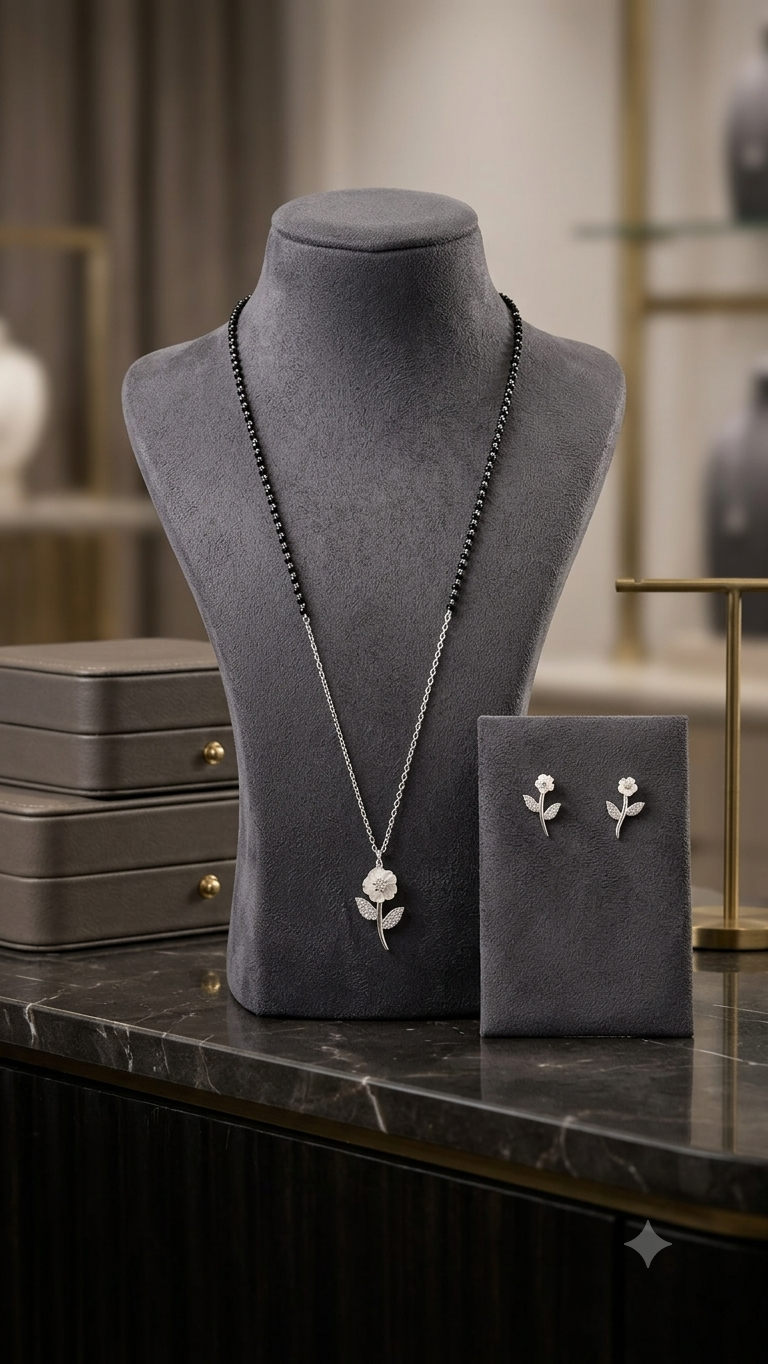 Silver Floral Modern Mangalsutra with matching earrings.