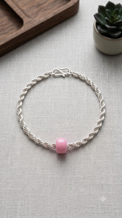 Silver Rope Chain Baby Bracelet with Gemstone Barrel Bead