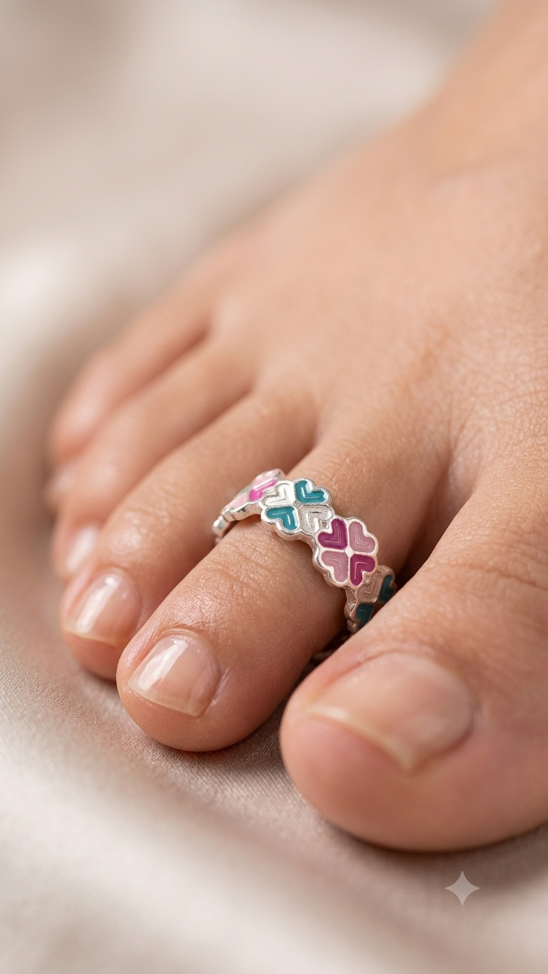 Silver Four-Leaf Clover Meenakari Toe Rings (Bichiya) for Women – Colorful Floral Enamel Adjustable Pair