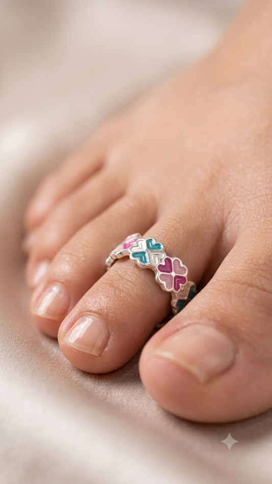 Silver Four-Leaf Clover Meenakari Toe Rings (Bichiya) for Women – Colorful Floral Enamel Adjustable Pair