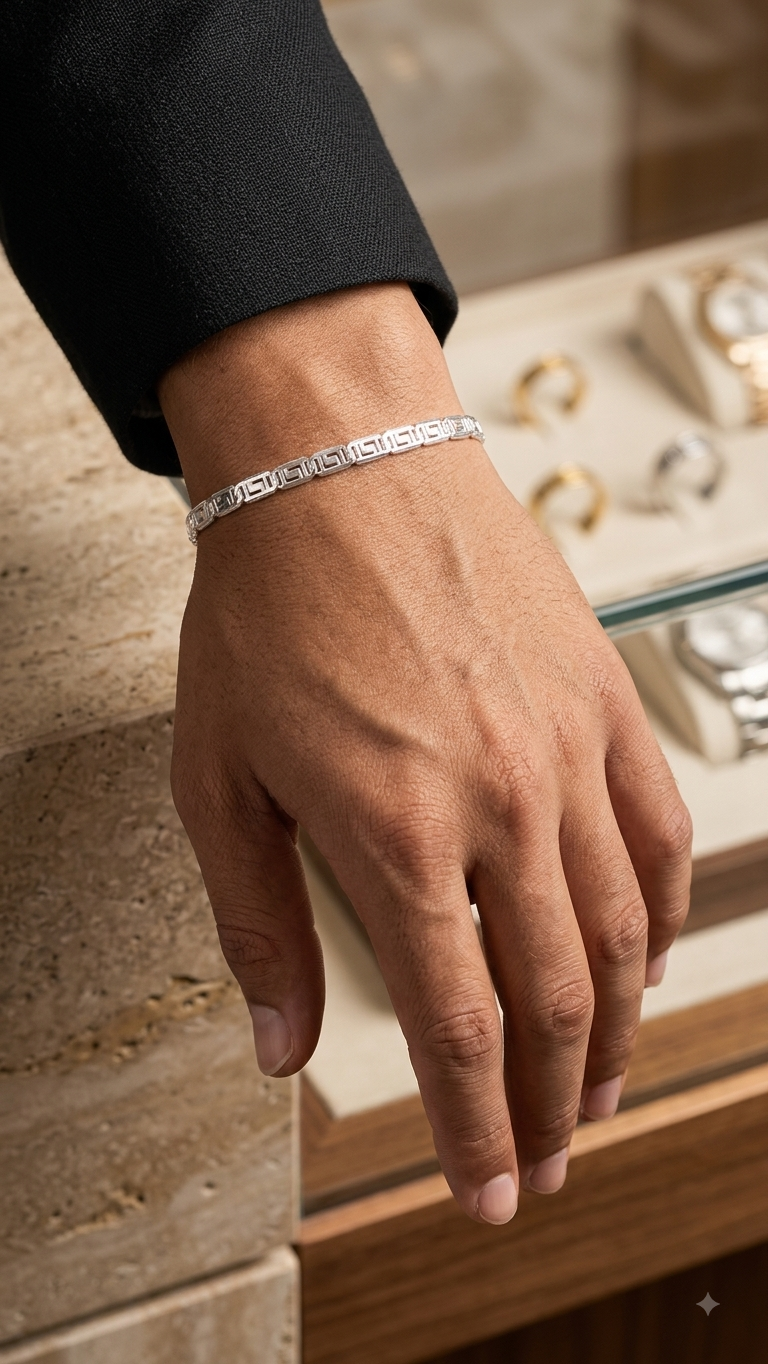Men’s Silver Greek Key Link Chain Bracelet