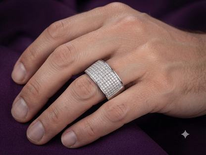 Men’s Wide Diamond Ring – 925 Sterling Silver Multi-Row Micro Signet Band