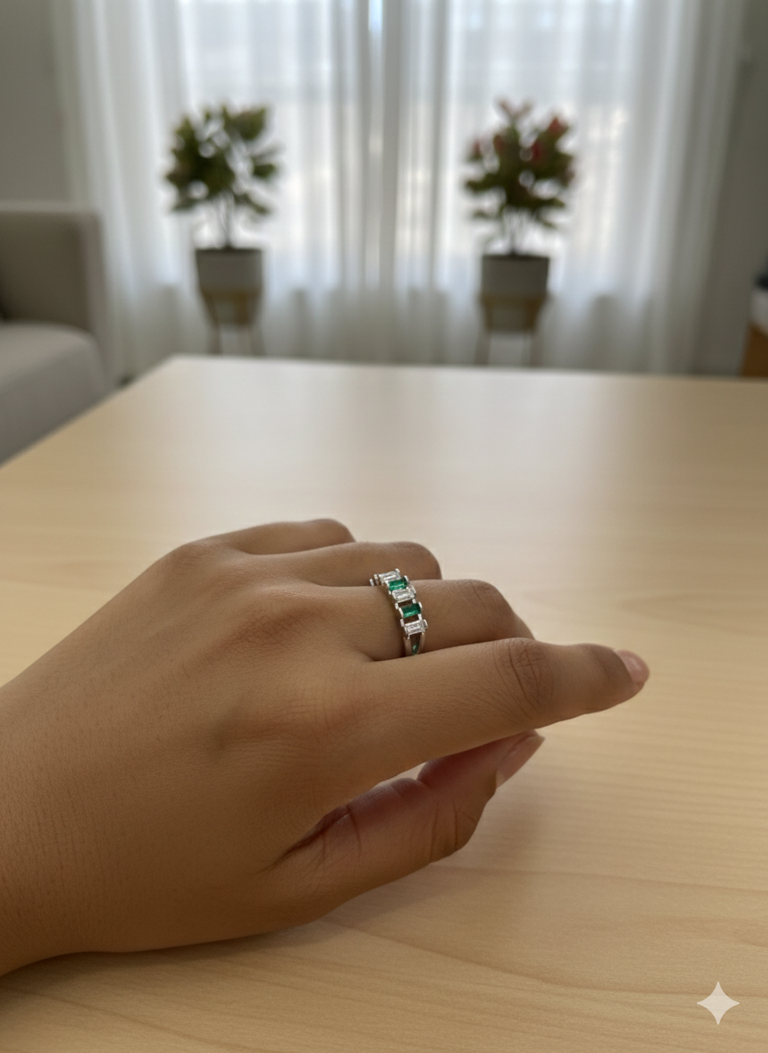 Sterling Silver Emerald & Diamond Simulant Alternating Baguette Eternity Ring