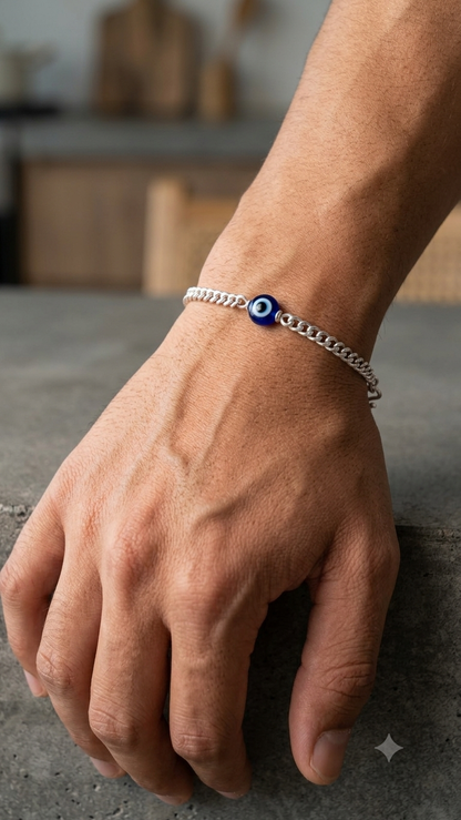 Silver Blue Evil Eye Nazariya Bracelet / rakhi - Sleek Curb Chain unisex