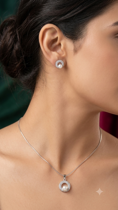 925 Silver pearl Pendant Necklace with Sparkling earring