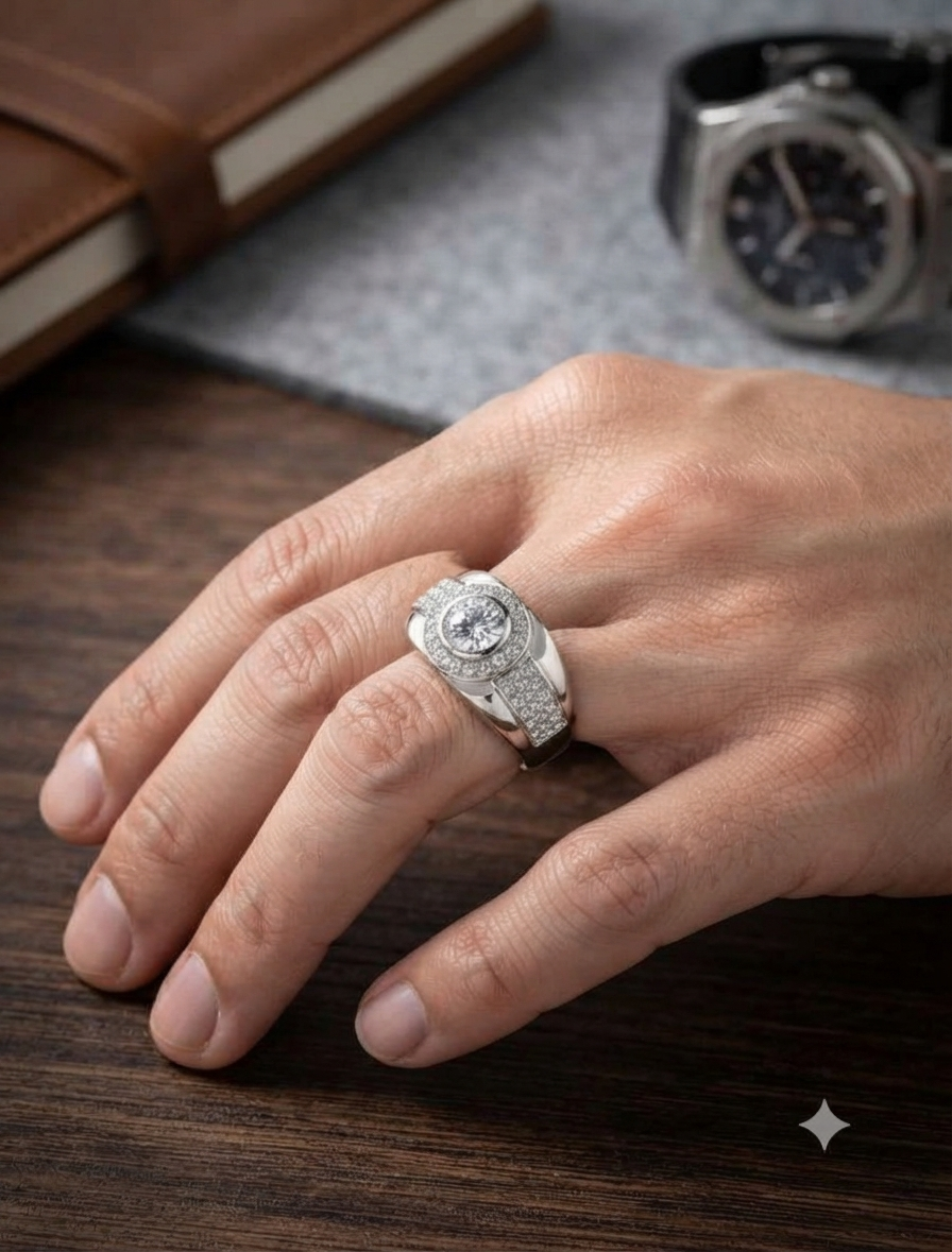 Men’s Round Cut Solitaire Double Halo Full Pavé Signet Ring in 925 Silver