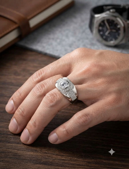 Men’s Round Cut Solitaire Double Halo Full Pavé Signet Ring in 925 Silver