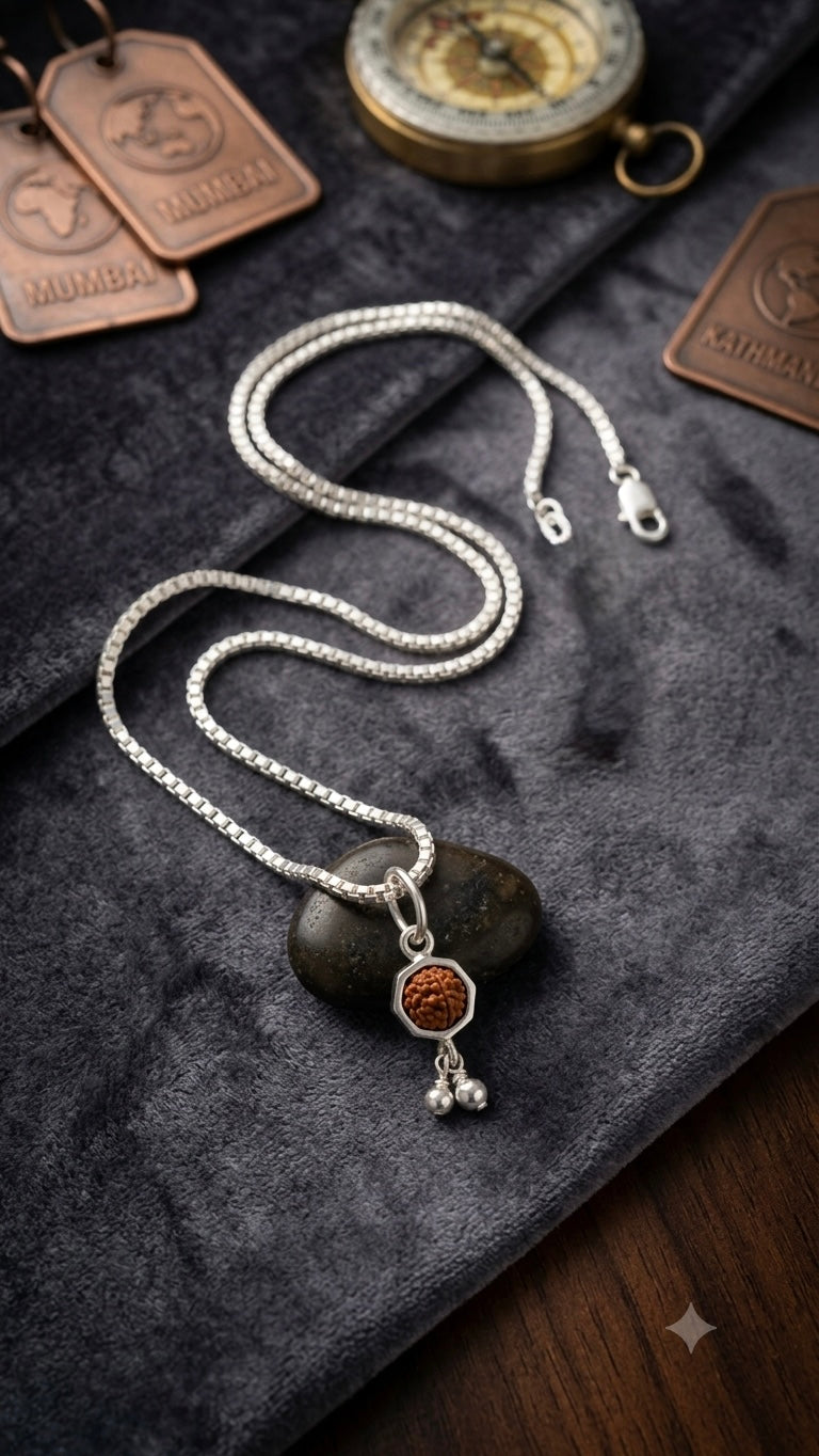 Silver rudraksha Pendant with silver box Chain | Pure Silver Spiritual Necklace | Elegant Daily Wear Jewelry | Ideal Gift for Devotees