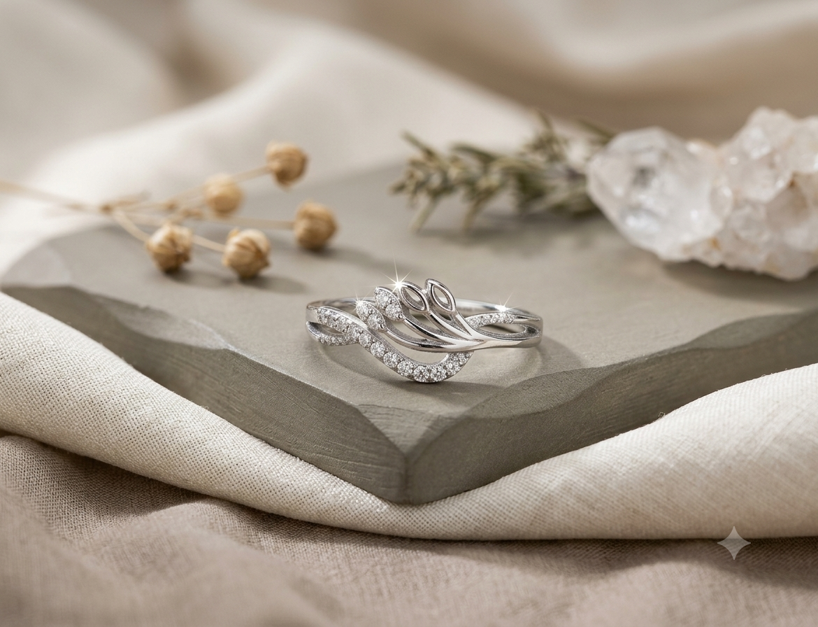 Graceful Floral Sparkle Silver Ring / Shimmering Tulip Vine Ring