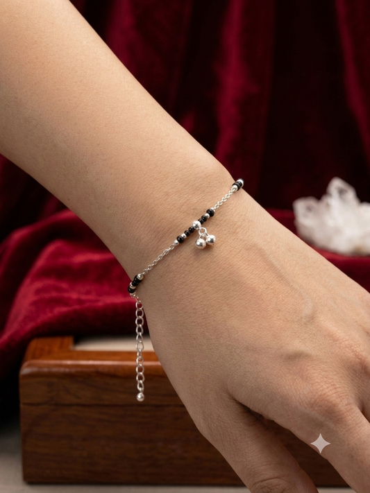 Silver Minimalist Bracelet with Double Ghungroo Charm & Black Beads for Women
