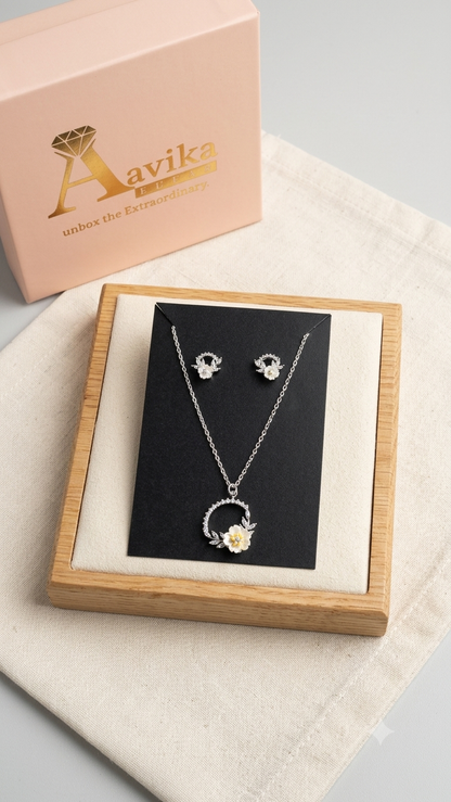 Silver Floral Modern Mangalsutra with matching earrings.