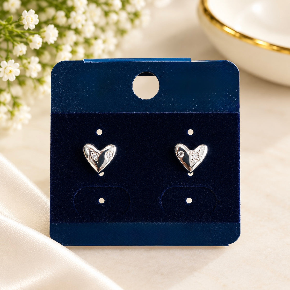Chunky Silver Puffy Heart Stud Earrings – Starburst & Crystal Inset Heart Earrings