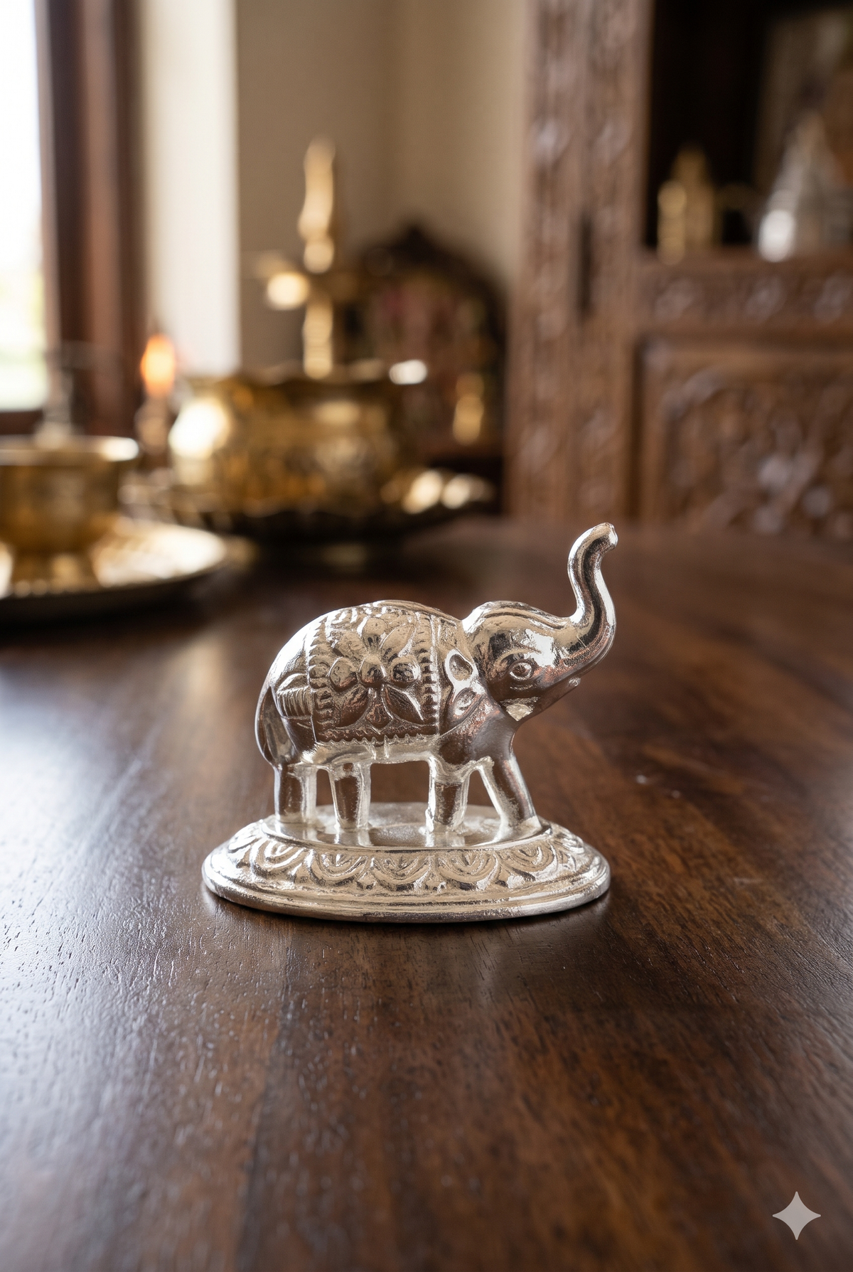 Silver Trunk-Up Elephant Idol on Carved Oval Pedestal, Auspicious Vastu & Feng Shui Gajraj Figurine for Pooja Mandir, Wealth, Good Luck & Home Decor Gift