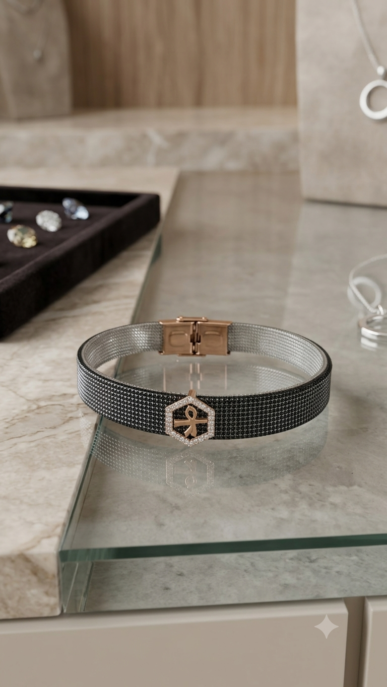 Hexagonal Ankh Emblem Two-Tone Mesh Belt Bracelet