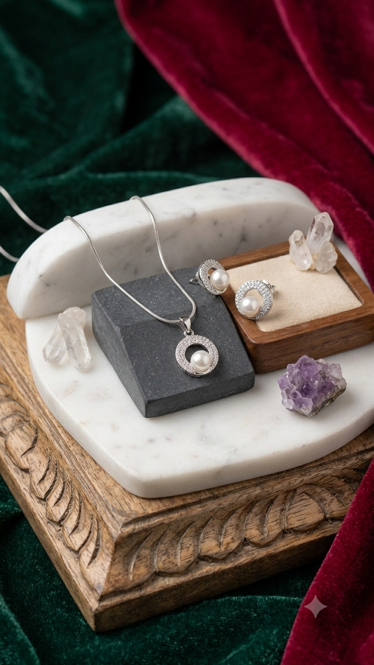 925 Silver pearl Pendant Necklace with Sparkling earring