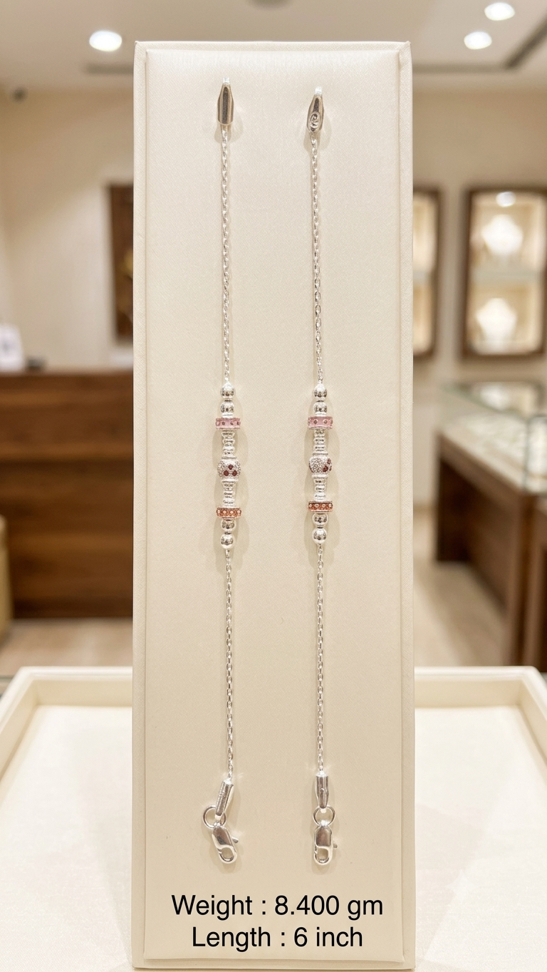Silver Kids Anklet Pair with Sparkling Textured Beads & Pink Wheel Spacers