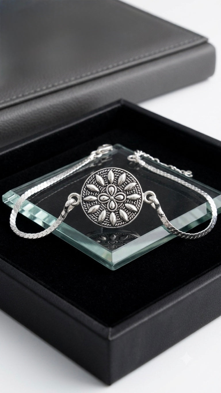 Handcrafted Silver Floral Mandala Bracelet / Rakhi with Turquoise Accents