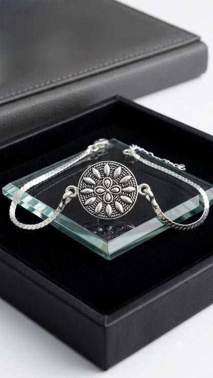 Handcrafted Silver Floral Mandala Bracelet / Rakhi with Turquoise Accents