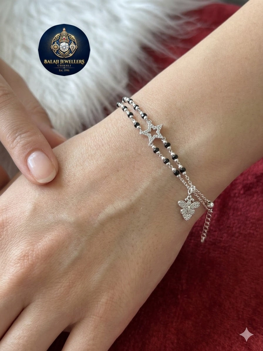 Aavikazevar Minimal Silver Bracelet | Timeless three layer Silver hand mangalsutra for Everyday Elegance