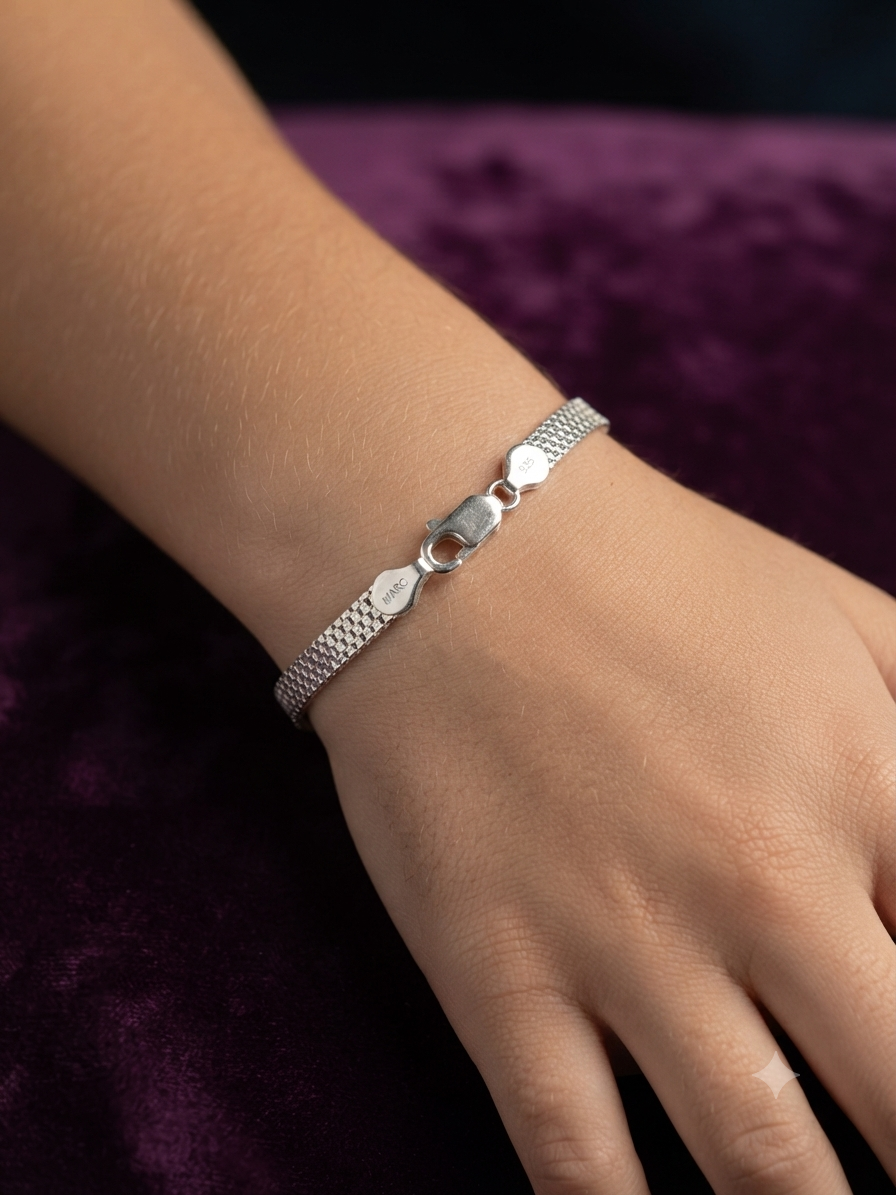 Sleek Woven Mesh Silver Chain Bracelet for Men & Women | Minimalist Italian Popcorn Link Bracelet with Sturdy Lobster Clasp