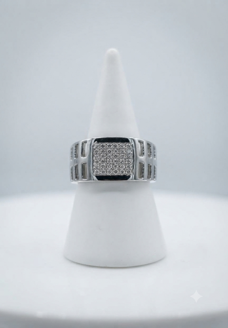 Men’s Square Diamond Signet Ring with Cut-Out Grid Shoulders in 925 Silver