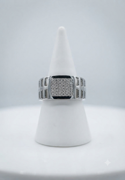 Men’s Square Diamond Signet Ring with Cut-Out Grid Shoulders in 925 Silver