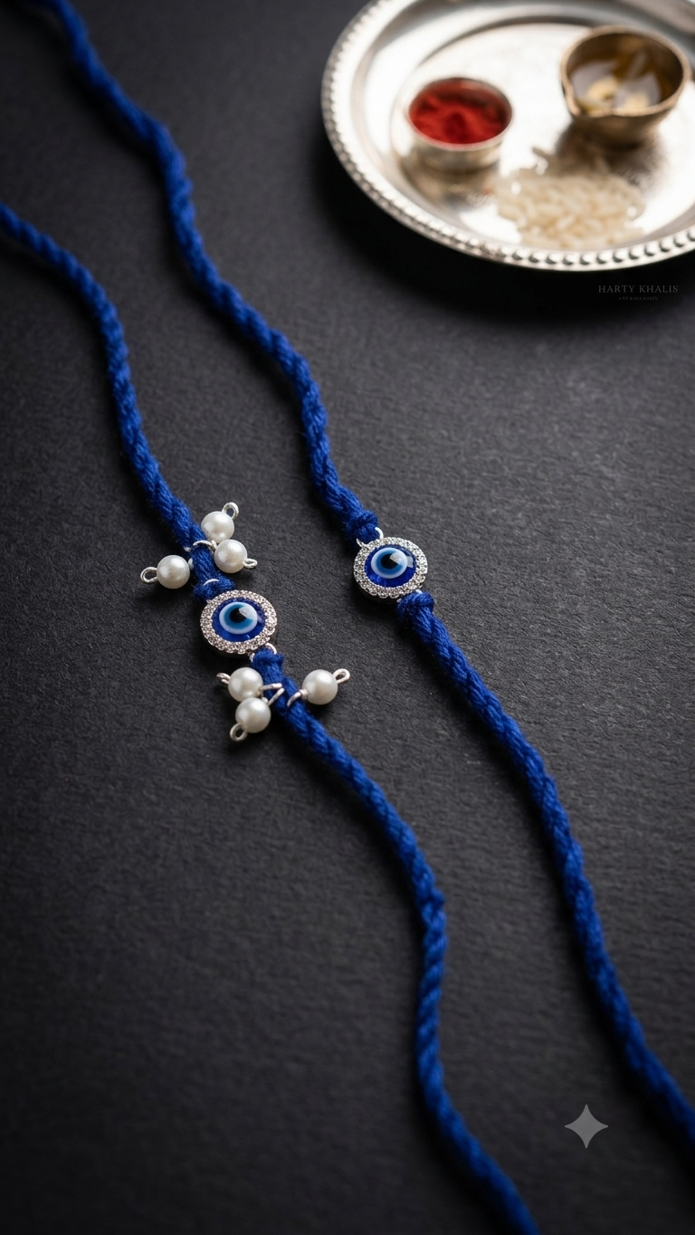 Silver Blue Evil Eye & Pearl Bhaiya Bhabhi Rakhi Set