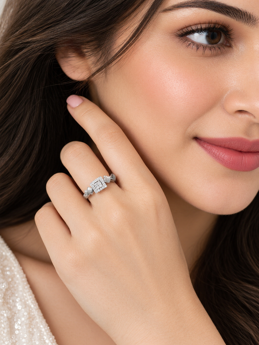 Sterling Silver Geometric Square Halo Cluster Ring – Faceted Pyramid Shank Statement Ring
