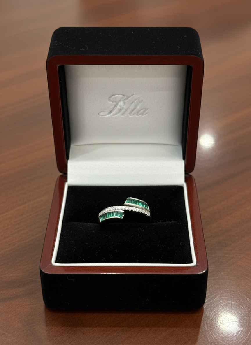 Emerald & Diamond Bypass Wrap Ring in 925 silver