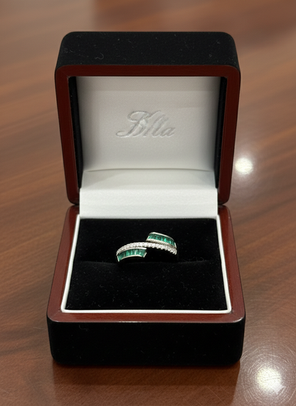 Emerald & Diamond Bypass Wrap Ring in 925 silver