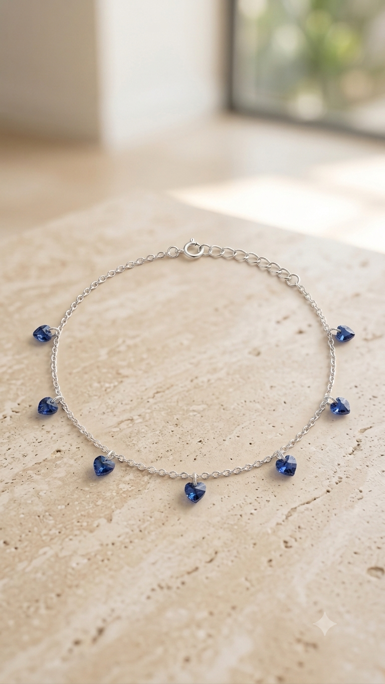 Sterling Silver Blue Heart Charm Anklet (pair)