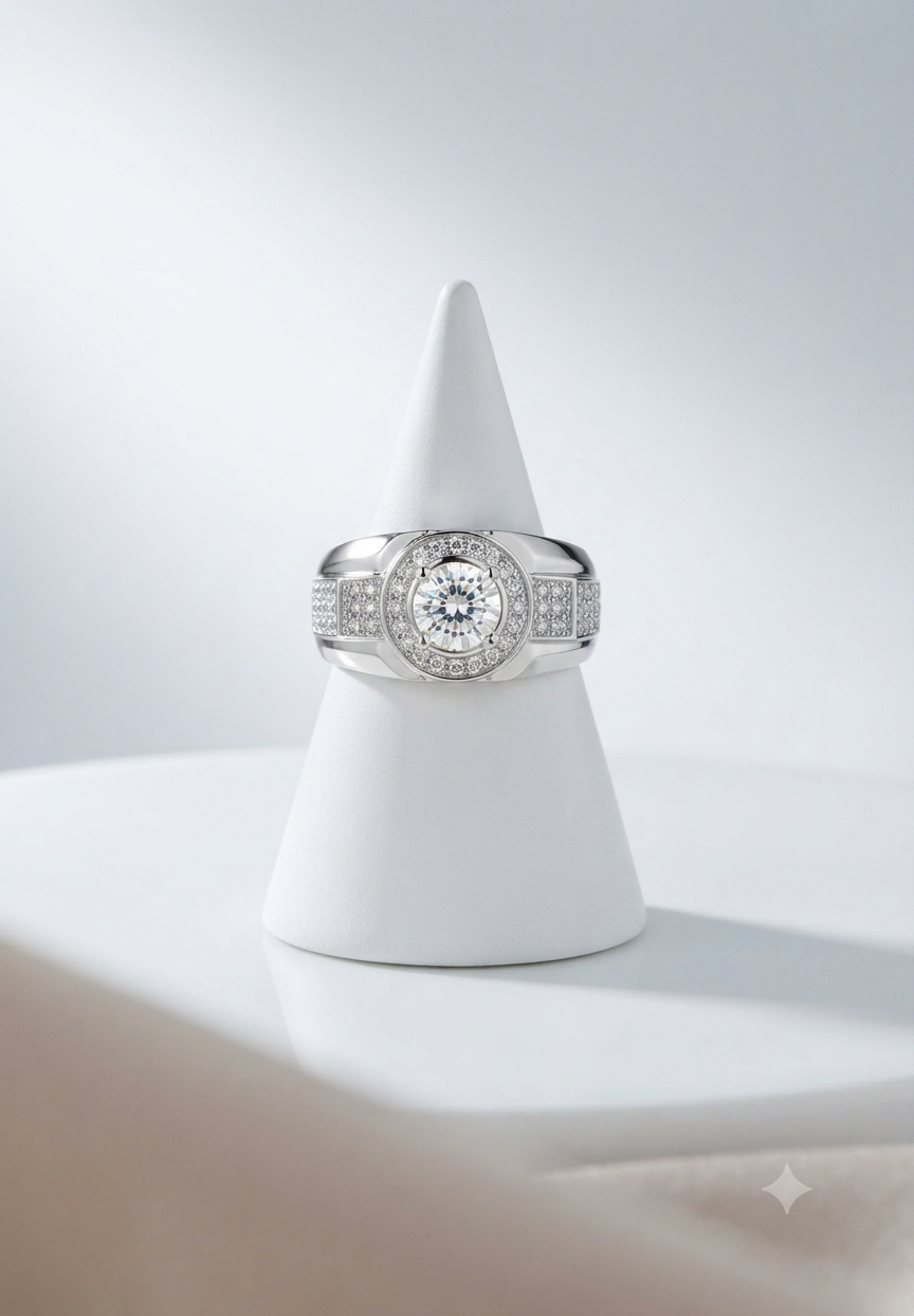 Men’s Round Cut Solitaire Double Halo Full Pavé Signet Ring in 925 Silver