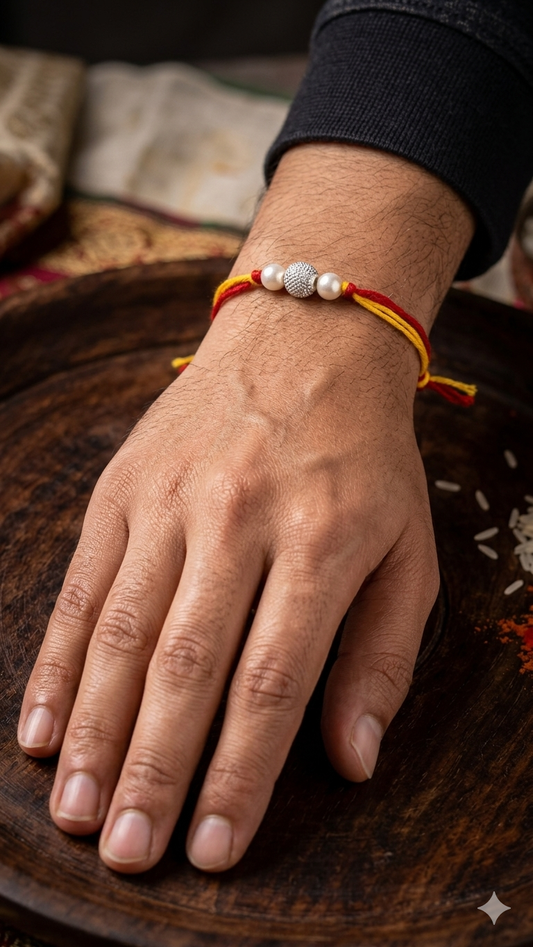 Elegant Textured Silver and Pearl Bead Rakhi (set of 5)
