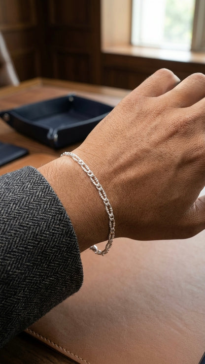 Classic Italian Figaro Silver Link Bracelet for Men | Textured Diamond-Cut 3+1 Silver Chain Bracelet with Lobster Clasp