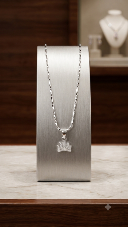 925 Silver Crown Pendant With Chain – Sparkling Zirconia Tiara Charm Jewelry for Women
