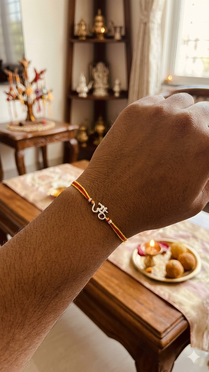 Silver Om Rakhi (Set of 3) – Sacred Red & Yellow Mauli Thread
