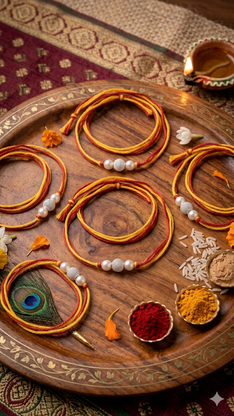 Elegant Textured Silver and Pearl Bead Rakhi (set of 5)